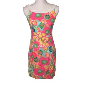 Lilly Pulitzer Pink Floral Dress With Bow Detail on Back Size 00 100% cotton